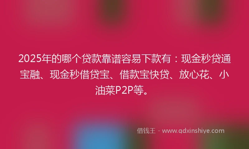 2025年的哪个贷款靠谱容易下款有：现金秒贷通宝融、现金秒借贷宝、借款宝快贷、放心花、小油菜P2P等。