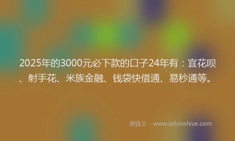 2025年的3000元必下款的口子24年有：宜花呗、射手花、米族金融、钱袋快借通、易秒通等。