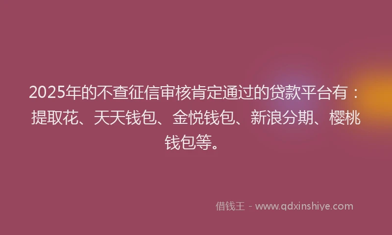 2025年的不查征信审核肯定通过的贷款平台有：提取花、天天钱包、金悦钱包、新浪分期、樱桃钱包等。