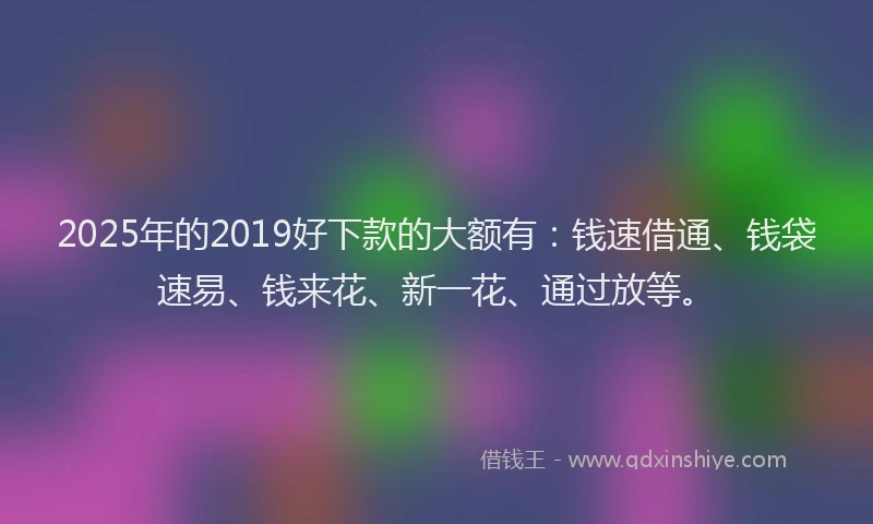 2025年的2019好下款的大额有:钱速借通、钱袋速易、钱来花、新一花、通过放等。