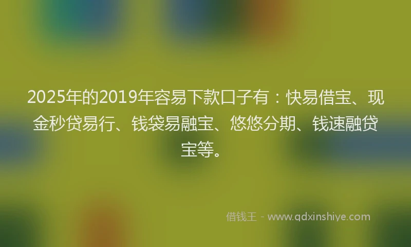 2025年的2019年容易下款口子有：快易借宝、现金秒贷易行、钱袋易融宝、悠悠分期、钱速融贷宝等。