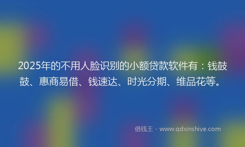 2025年的不用人脸识别的小额贷款软件有：钱鼓鼓、惠商易借、钱速达、时光分期、维品花等。