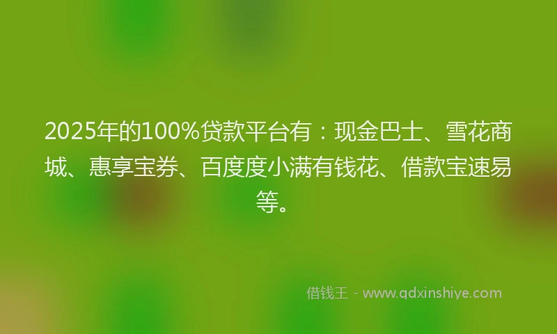 2025年的100%贷款平台有：现金巴士、雪花商城、惠享宝券、百度度小满有钱花、借款宝速易等。