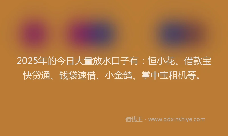2025年的今日大量放水口子有：恒小花、借款宝快贷通、钱袋速借、小金鸽、掌中宝租机等。