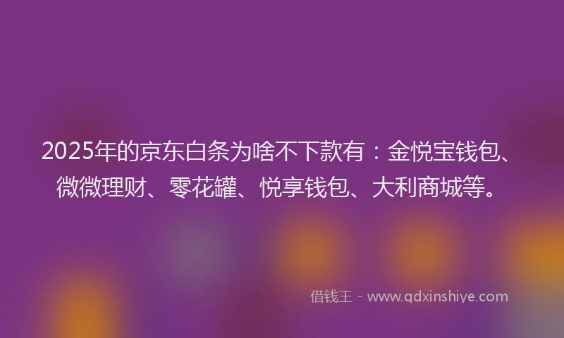 2025年的京东白条为啥不下款有：金悦宝钱包、微微理财、零花罐、悦享钱包、大利商城等。