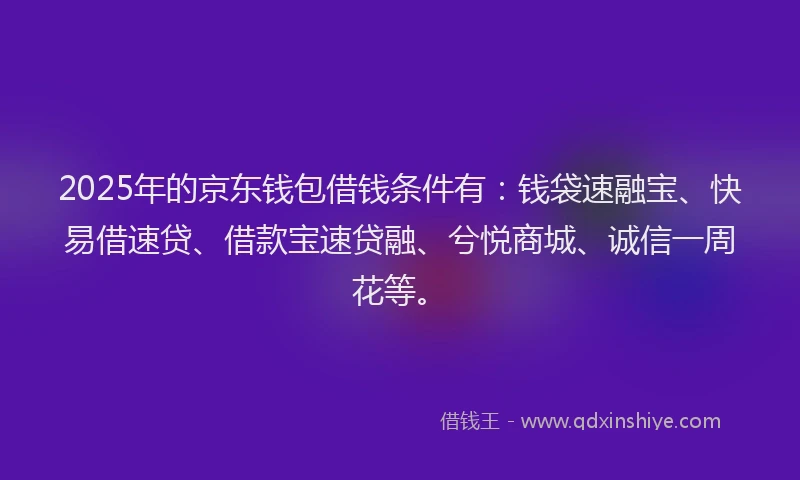 2025年的京东钱包借钱条件有：钱袋速融宝、快易借速贷、借款宝速贷融、兮悦商城、诚信一周花等。