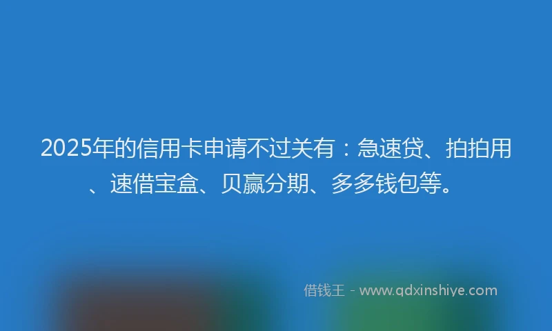 2025年的信用卡申请不过关有：急速贷、拍拍用、速借宝盒、贝赢分期、多多钱包等。