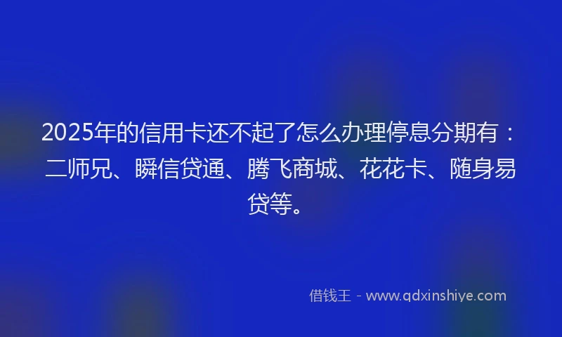 2025年的信用卡还不起了怎么办理停息分期有：二师兄、瞬信贷通、腾飞商城、花花卡、随身易贷等。