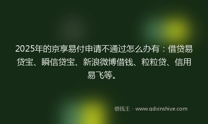 2025年的京享易付申请不通过怎么办有：借贷易贷宝、瞬信贷宝、新浪微博借钱、粒粒贷、信用易飞等。