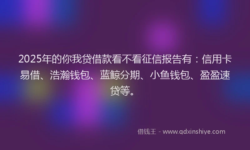 2025年的你我贷借款看不看征信报告有：信用卡易借、浩瀚钱包、蓝鲸分期、小鱼钱包、盈盈速贷等。