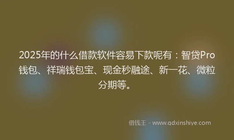 2025年的什么借款软件容易下款呢有：智贷Pro钱包、祥瑞钱包宝、现金秒融途、新一花、微粒分期等。