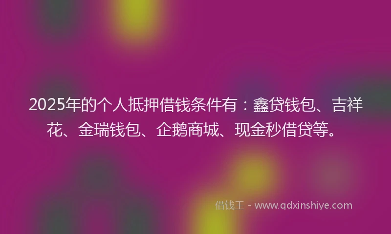2025年的个人抵押借钱条件有：鑫贷钱包、吉祥花、金瑞钱包、企鹅商城、现金秒借贷等。