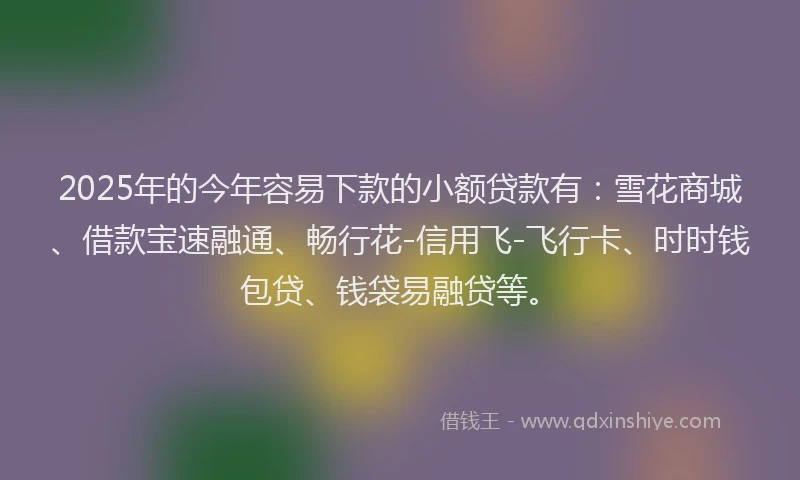 2025年的今年容易下款的小额贷款有：雪花商城、借款宝速融通、畅行花-信用飞-飞行卡、时时钱包贷、钱袋易融贷等。