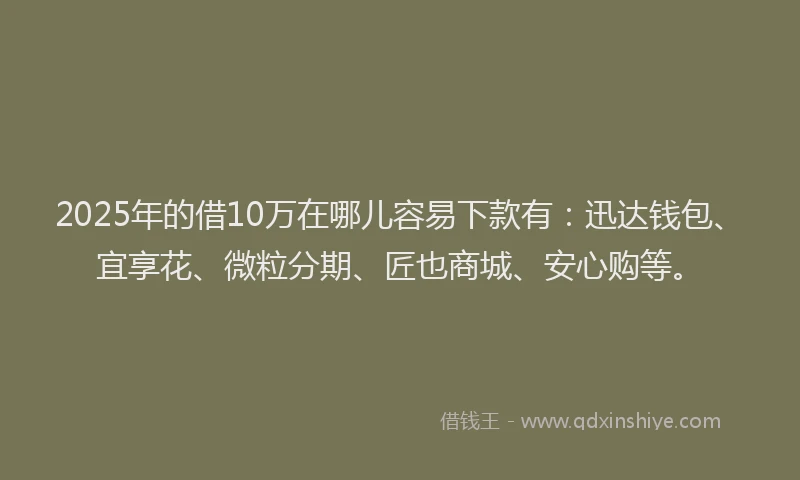 2025年的借10万在哪儿容易下款有：迅达钱包、宜享花、微粒分期、匠也商城、安心购等。