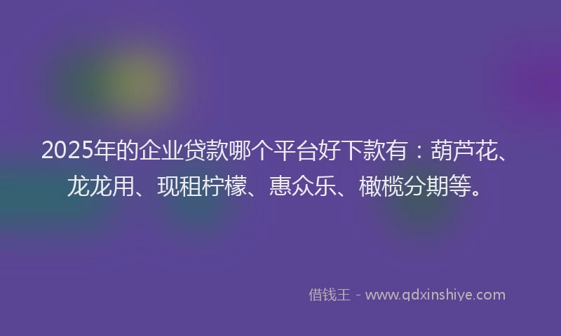 2025年的企业贷款哪个平台好下款有：葫芦花、龙龙用、现租柠檬、惠众乐、橄榄分期等。