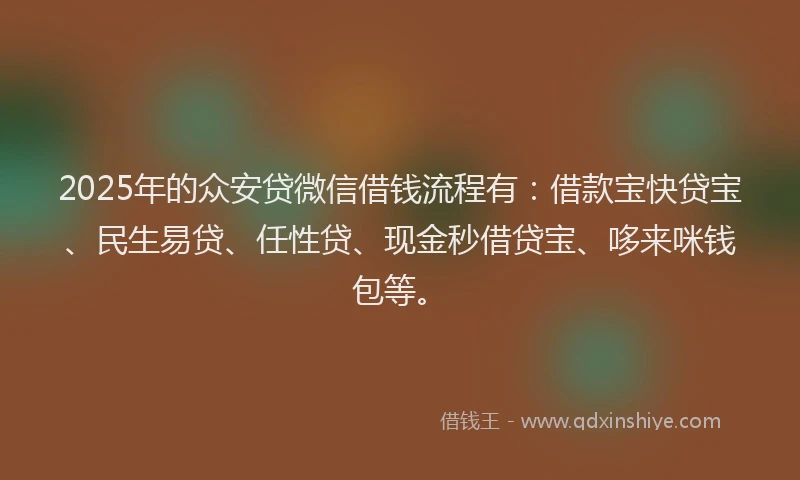 2025年的众安贷微信借钱流程有：借款宝快贷宝、民生易贷、任性贷、现金秒借贷宝、哆来咪钱包等。