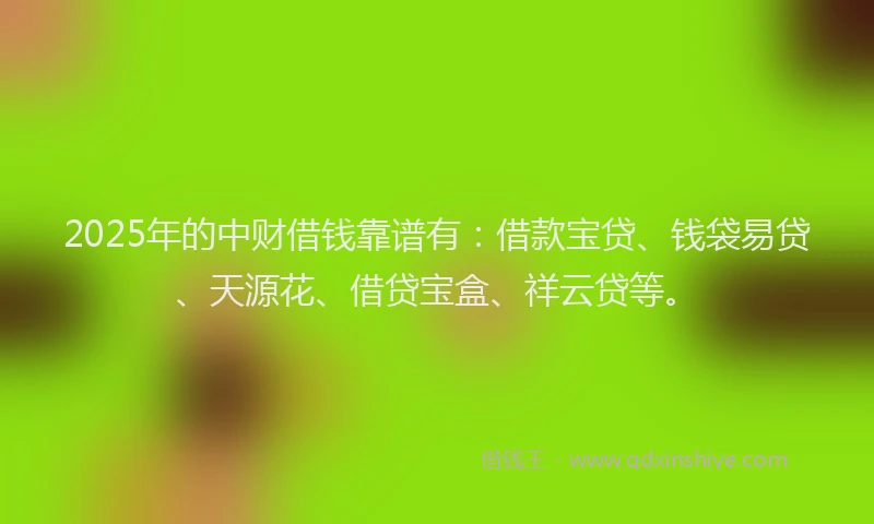 2025年的中财借钱靠谱有：借款宝贷、钱袋易贷、天源花、借贷宝盒、祥云贷等。