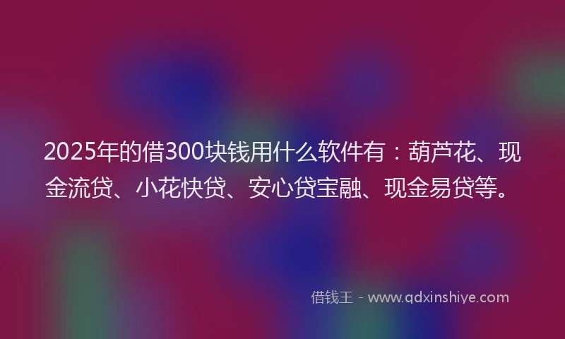 2025年的借300块钱用什么软件有：葫芦花、现金流贷、小花快贷、安心贷宝融、现金易贷等。