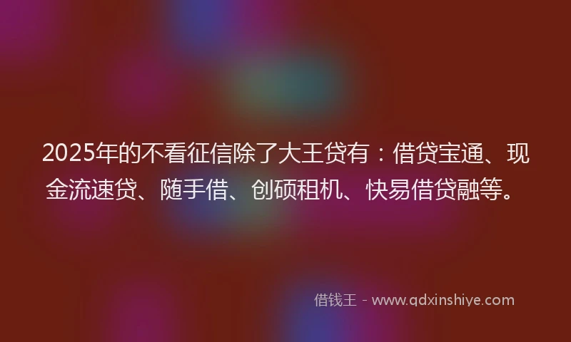 2025年的不看征信除了大王贷有：借贷宝通、现金流速贷、随手借、创硕租机、快易借贷融等。