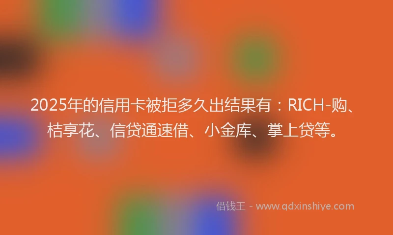 2025年的信用卡被拒多久出结果有：RICH-购、桔享花、信贷通速借、小金库、掌上贷等。