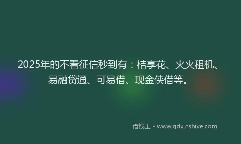2025年的不看征信秒到有：桔享花、火火租机、易融贷通、可易借、现金侠借等。