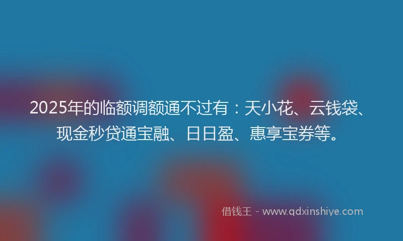 2025年的临额调额通不过有：天小花、云钱袋、现金秒贷通宝融、日日盈、惠享宝券等。