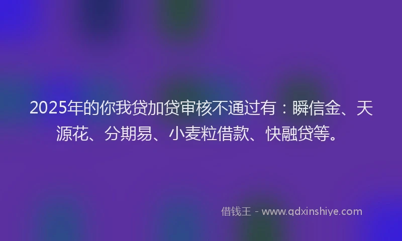 2025年的你我贷加贷审核不通过有：瞬信金、天源花、分期易、小麦粒借款、快融贷等。