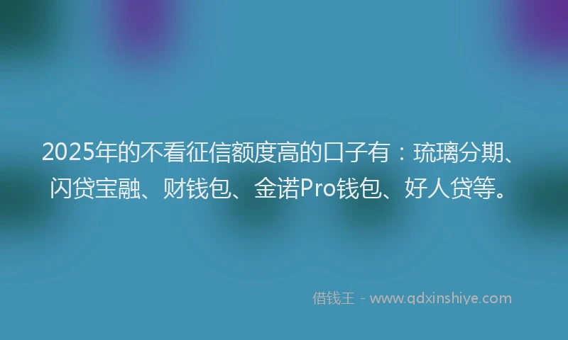 2025年的不看征信额度高的口子有：琉璃分期、闪贷宝融、财钱包、金诺Pro钱包、好人贷等。
