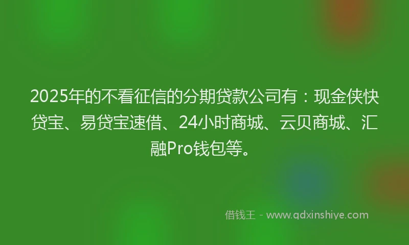 2025年的不看征信的分期贷款公司有：现金侠快贷宝、易贷宝速借、24小时商城、云贝商城、汇融Pro钱包等。