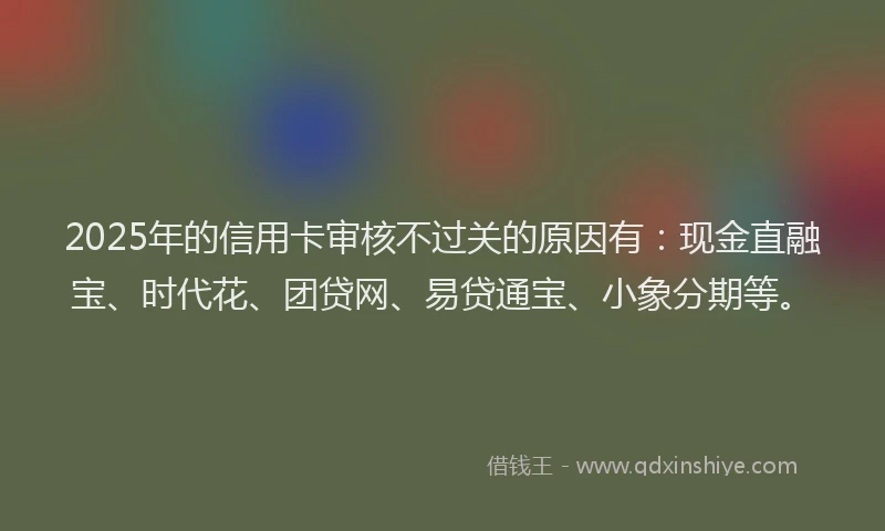 2025年的信用卡审核不过关的原因有：现金直融宝、时代花、团贷网、易贷通宝、小象分期等。