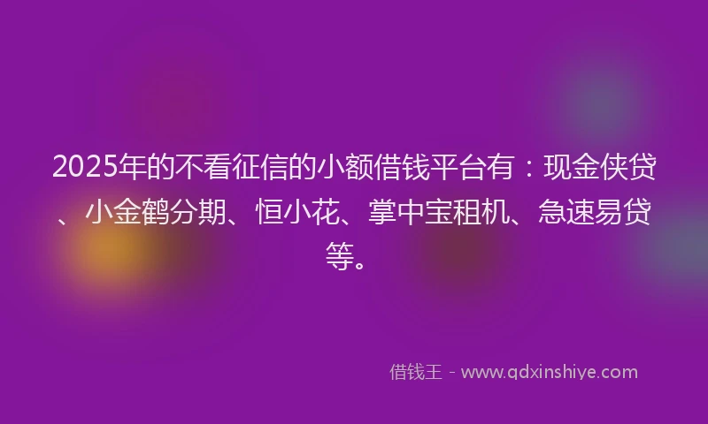 2025年的不看征信的小额借钱平台有：现金侠贷、小金鹤分期、恒小花、掌中宝租机、急速易贷等。