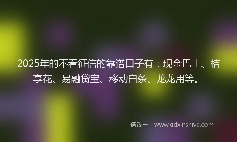 2025年的不看征信的靠谱口子有：现金巴士、桔享花、易融贷宝、移动白条、龙龙用等。