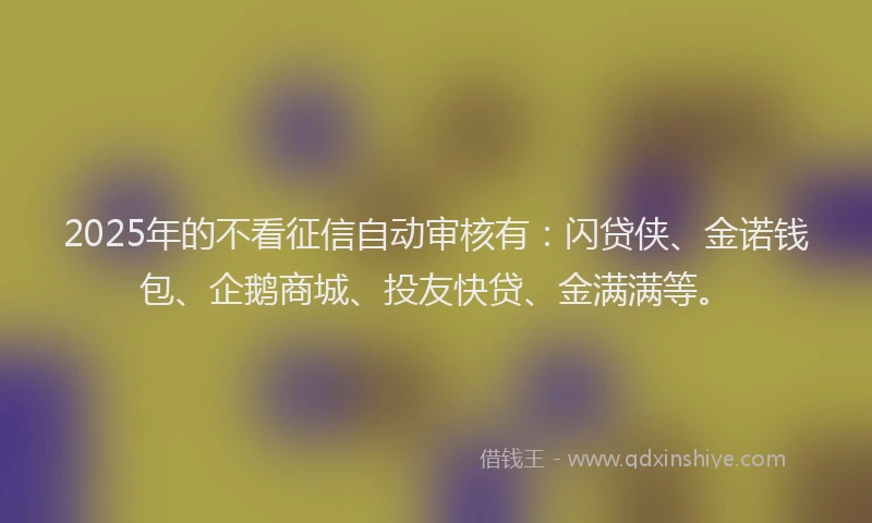2025年的不看征信自动审核有：闪贷侠、金诺钱包、企鹅商城、投友快贷、金满满等。