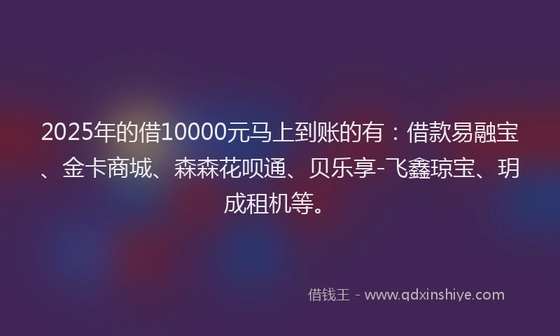 2025年的借10000元马上到账的有：借款易融宝、金卡商城、森森花呗通、贝乐享-飞鑫琼宝、玥成租机等。