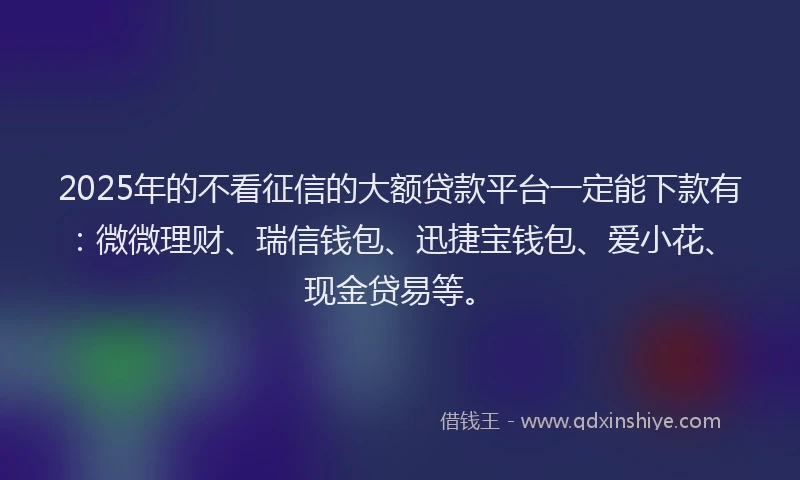 2025年的不看征信的大额贷款平台一定能下款有：微微理财、瑞信钱包、迅捷宝钱包、爱小花、现金贷易等。