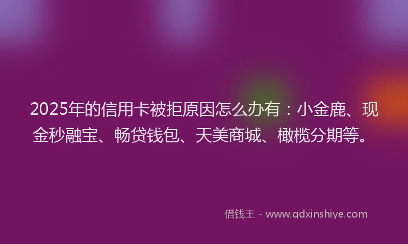 2025年的信用卡被拒原因怎么办有：小金鹿、现金秒融宝、畅贷钱包、天美商城、橄榄分期等。
