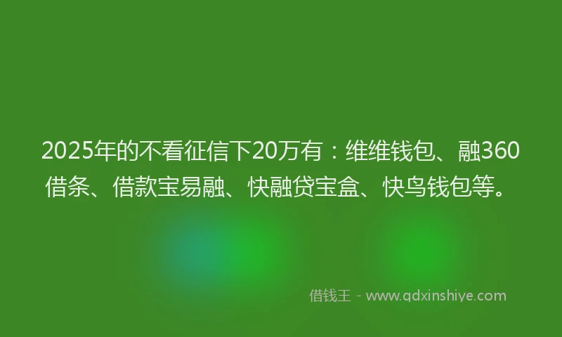 2025年的不看征信下20万有：维维钱包、融360借条、借款宝易融、快融贷宝盒、快鸟钱包等。