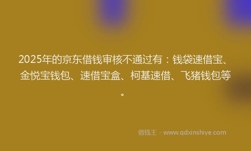 2025年的京东借钱审核不通过有：钱袋速借宝、金悦宝钱包、速借宝盒、柯基速借、飞猪钱包等。
