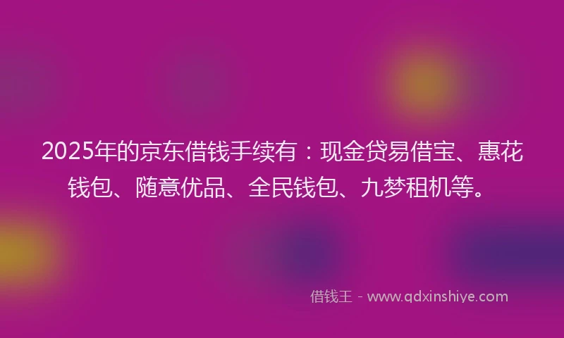 2025年的京东借钱手续有：现金贷易借宝、惠花钱包、随意优品、全民钱包、九梦租机等。