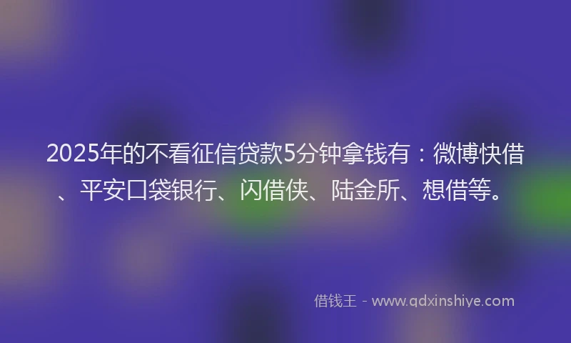 2025年的不看征信贷款5分钟拿钱有：微博快借、平安口袋银行、闪借侠、陆金所、想借等。