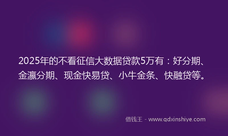 2025年的不看征信大数据贷款5万有：好分期、金瀛分期、现金快易贷、小牛金条、快融贷等。