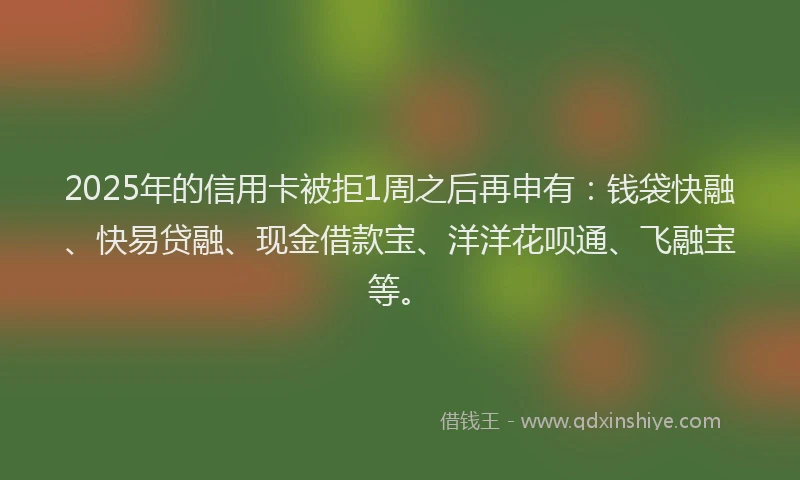 2025年的信用卡被拒1周之后再申有：钱袋快融、快易贷融、现金借款宝、洋洋花呗通、飞融宝等。