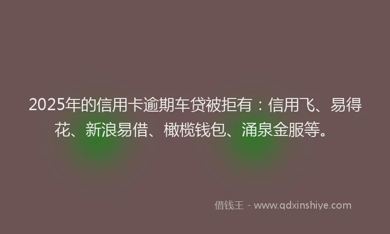 2025年的信用卡逾期车贷被拒有：信用飞、易得花、新浪易借、橄榄钱包、涌泉金服等。