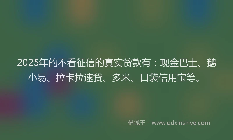 2025年的不看征信的真实贷款有：现金巴士、鹅小易、拉卡拉速贷、多米、口袋信用宝等。