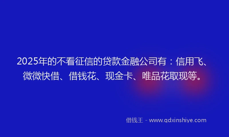 2025年的不看征信的贷款金融公司有：信用飞、微微快借、借钱花、现金卡、唯品花取现等。