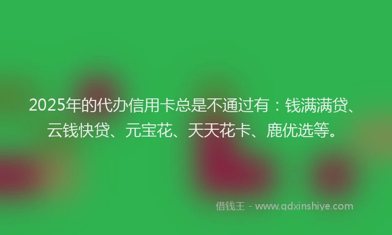 2025年的代办信用卡总是不通过有：钱满满贷、云钱快贷、元宝花、天天花卡、鹿优选等。
