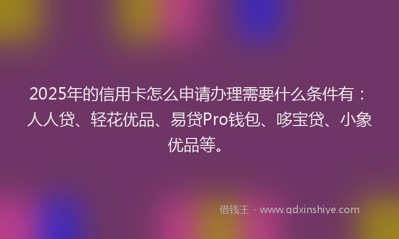 2025年的信用卡怎么申请办理需要什么条件有：人人贷、轻花优品、易贷Pro钱包、哆宝贷、小象优品等。