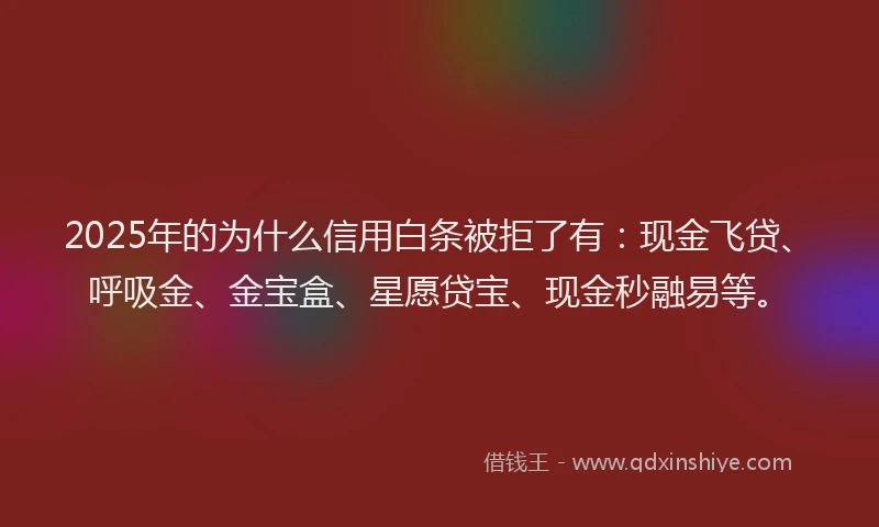 2025年的为什么信用白条被拒了有：现金飞贷、呼吸金、金宝盒、星愿贷宝、现金秒融易等。