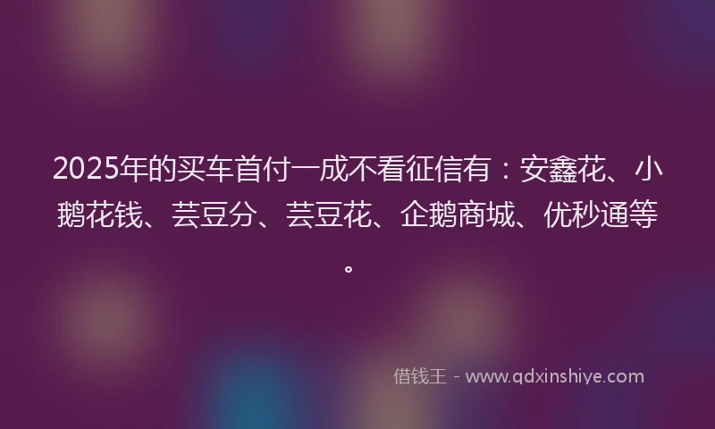 2025年的买车首付一成不看征信有：安鑫花、小鹅花钱、芸豆分、芸豆花、企鹅商城、优秒通等。