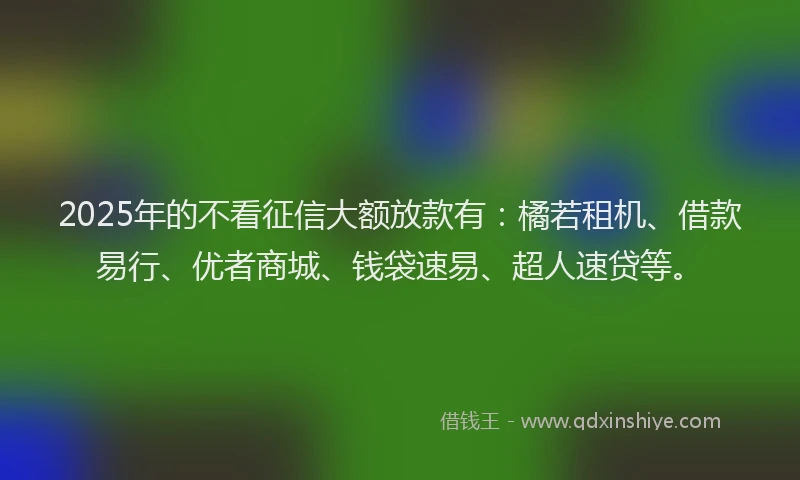 2025年的不看征信大额放款有：橘若租机、借款易行、优者商城、钱袋速易、超人速贷等。